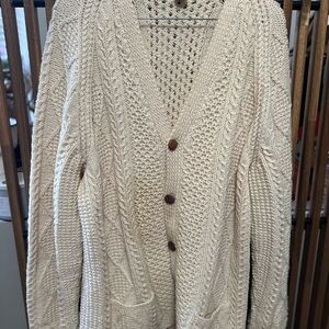 Mary Smith VTG Pure Wool Irish Cream Handmade Cable Knit Cardigan Sweater